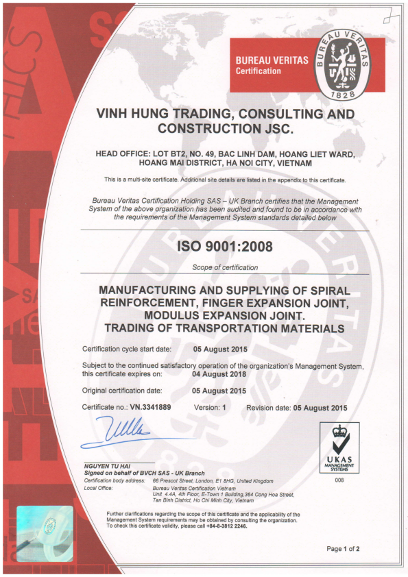VINH HUNG RECEIVES ISO 9001:2008 QUALITY MANAGEMENT SYSTEM CERTIFICATION