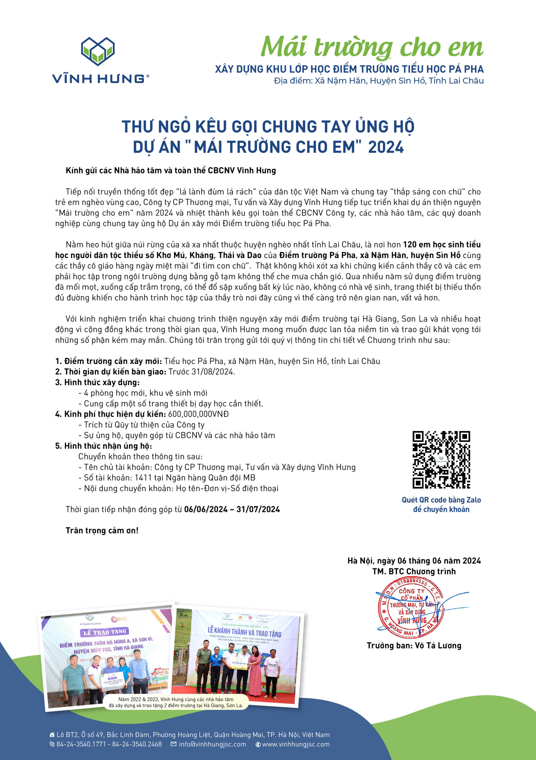 TỔNG GIÁM ĐỐC VĨNH HƯNG JSC GỬI THƯ KÊU GỌI ỦNG HỘ DỰ ÁN THIỆN NGUYỆN “MÁI TRƯỜNG CHO EM” NĂM 2024